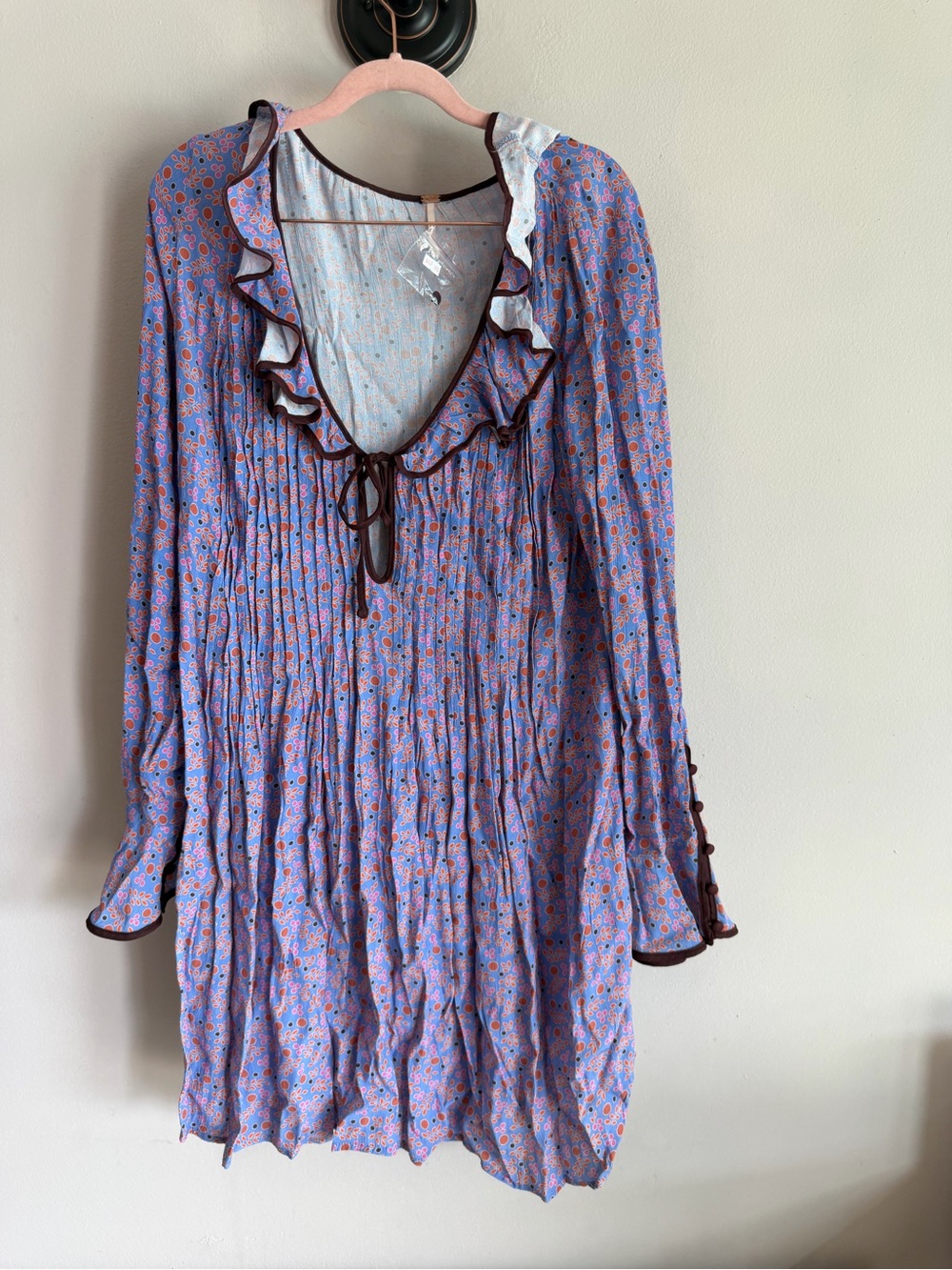 New Free People Blue Paisley Pintuck Swing Tunic Dress / Tunic L